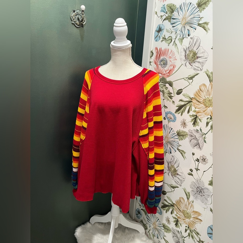 Free People We The Free Rainbow Dreams Red Balloon Sleeve Knit Top Sweater